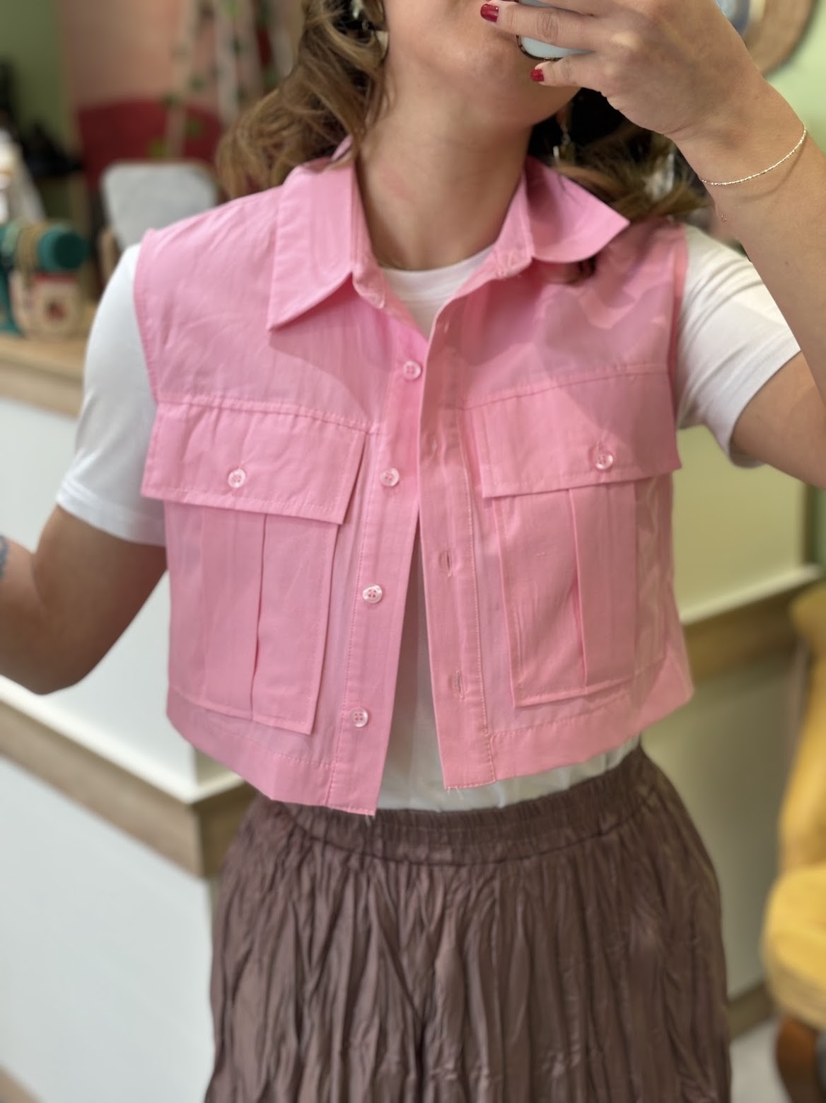 Pembe Crop Yelek/Gömlek
