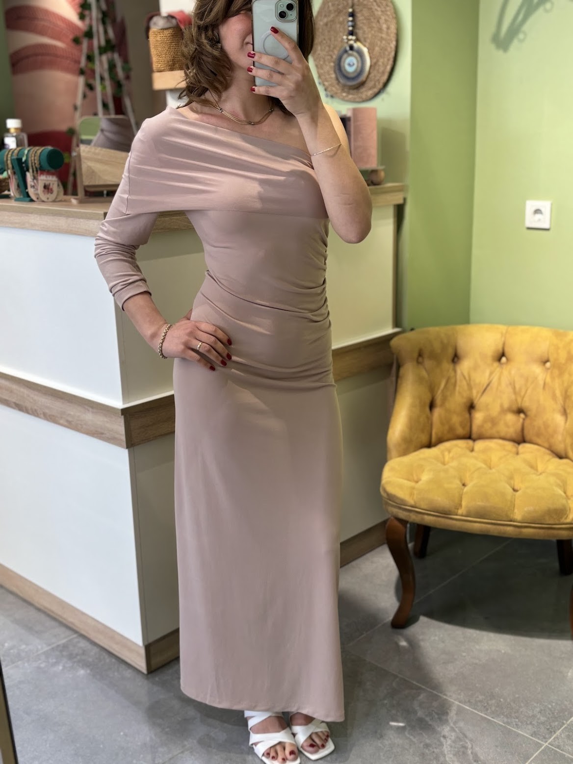 Kum Rengi Full Body Uzun Elbise