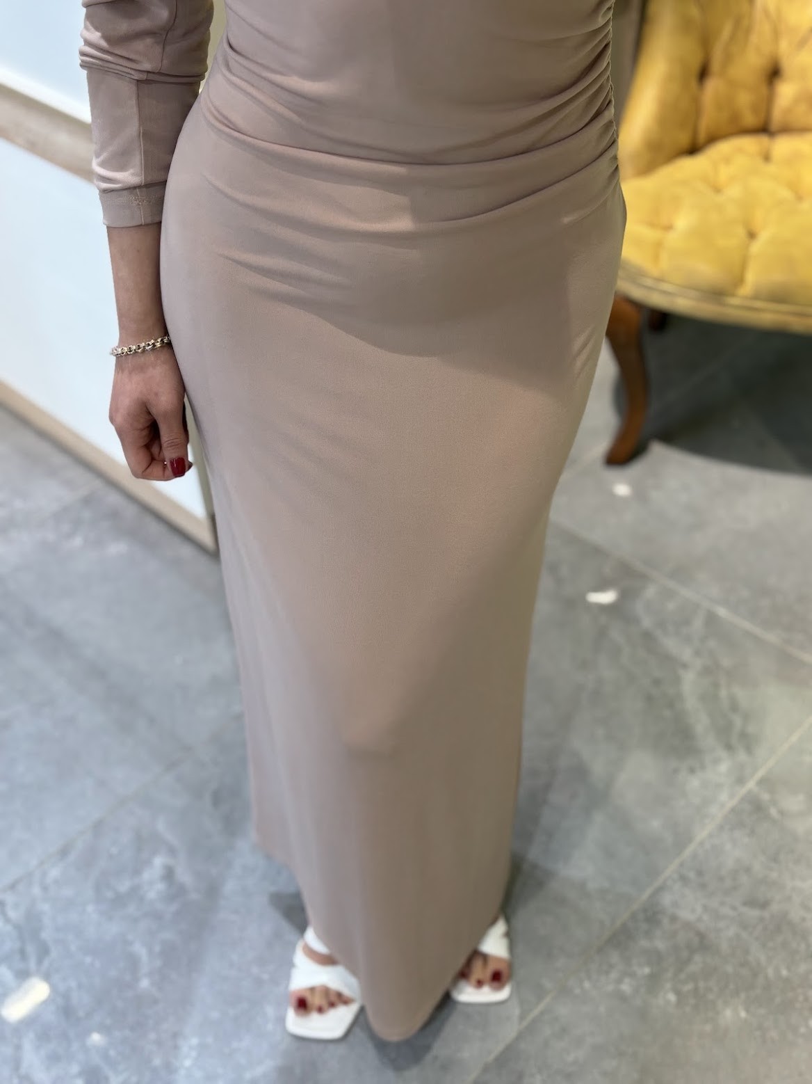 Kum Rengi Full Body Uzun Elbise