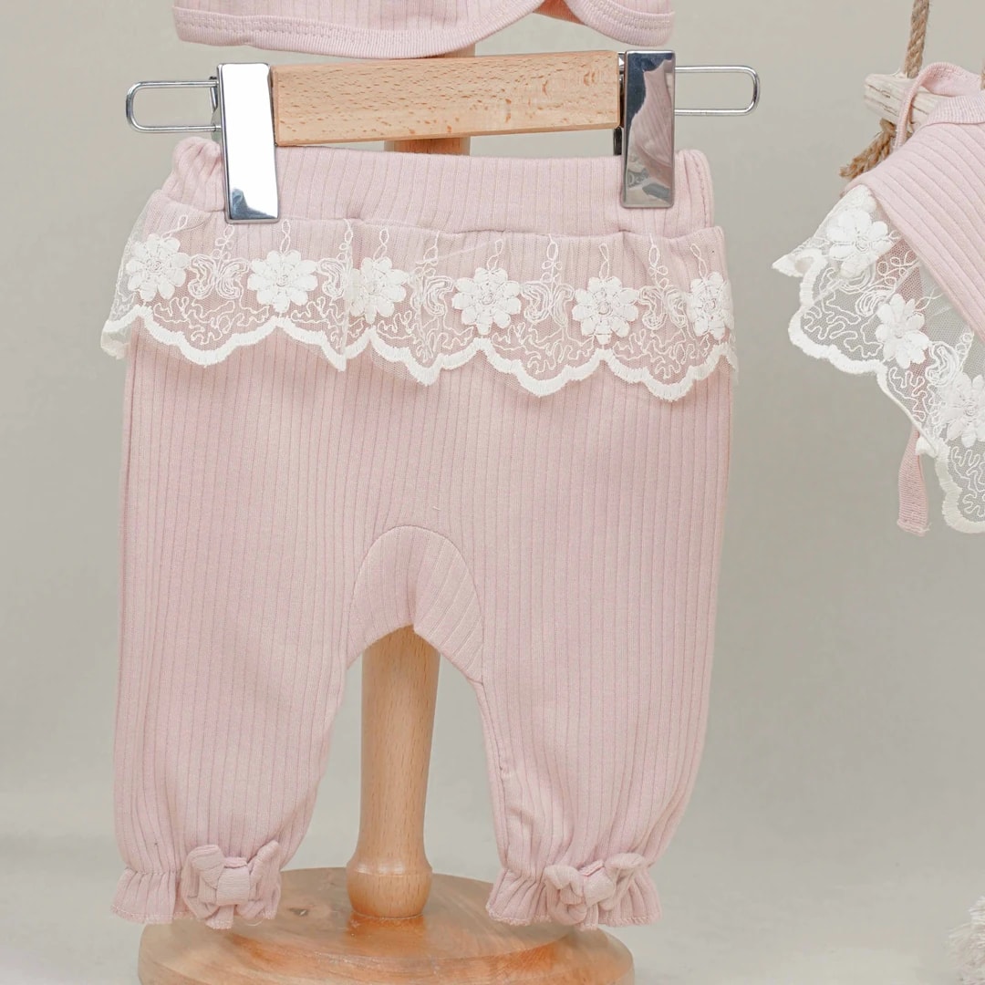 Lora Bliss Kız Bebek Brode İşlemeli 5’li Hastane Çıkış Seti - Pudra