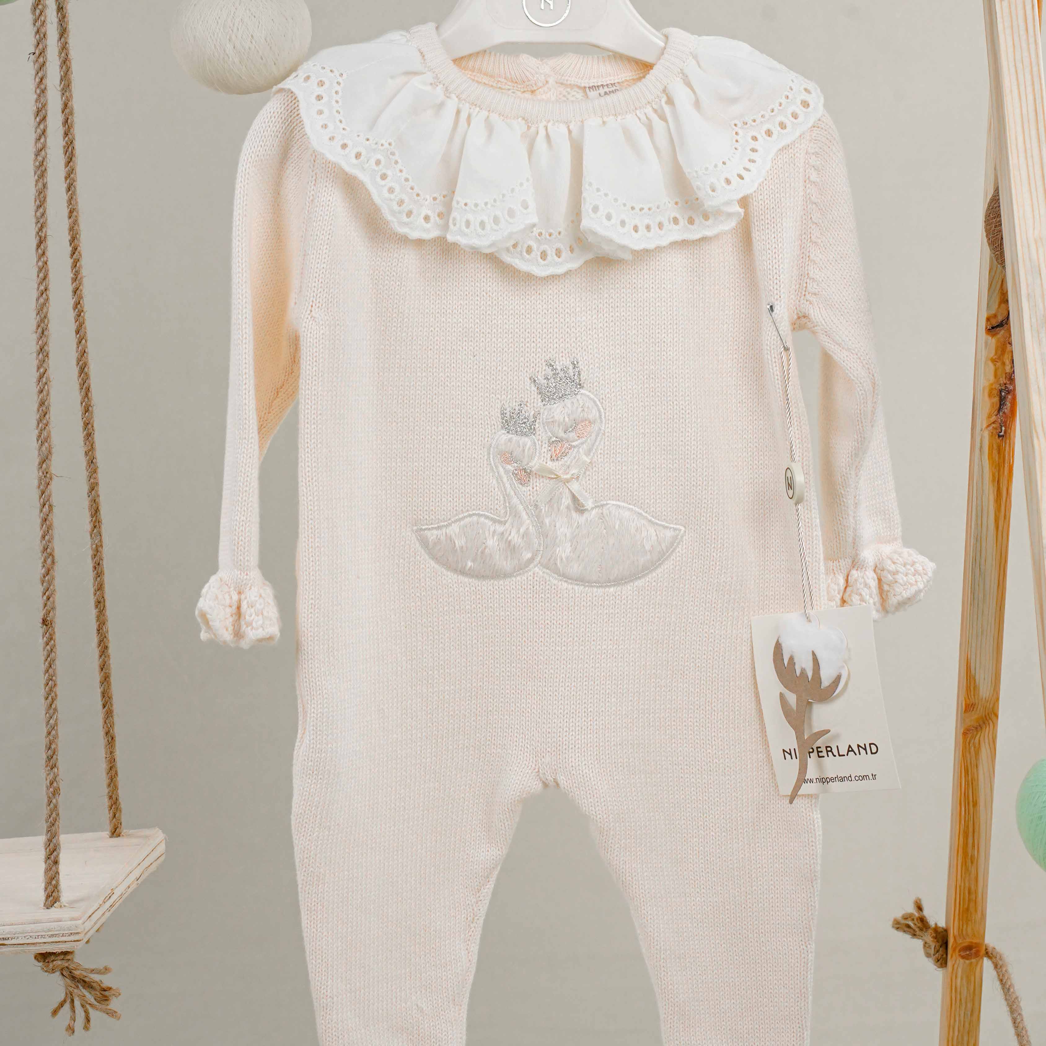 Nipperland Kız Bebek Ekru Kuğulu Fırfırlı Pamuklu Tulum - Ekru - Ekru