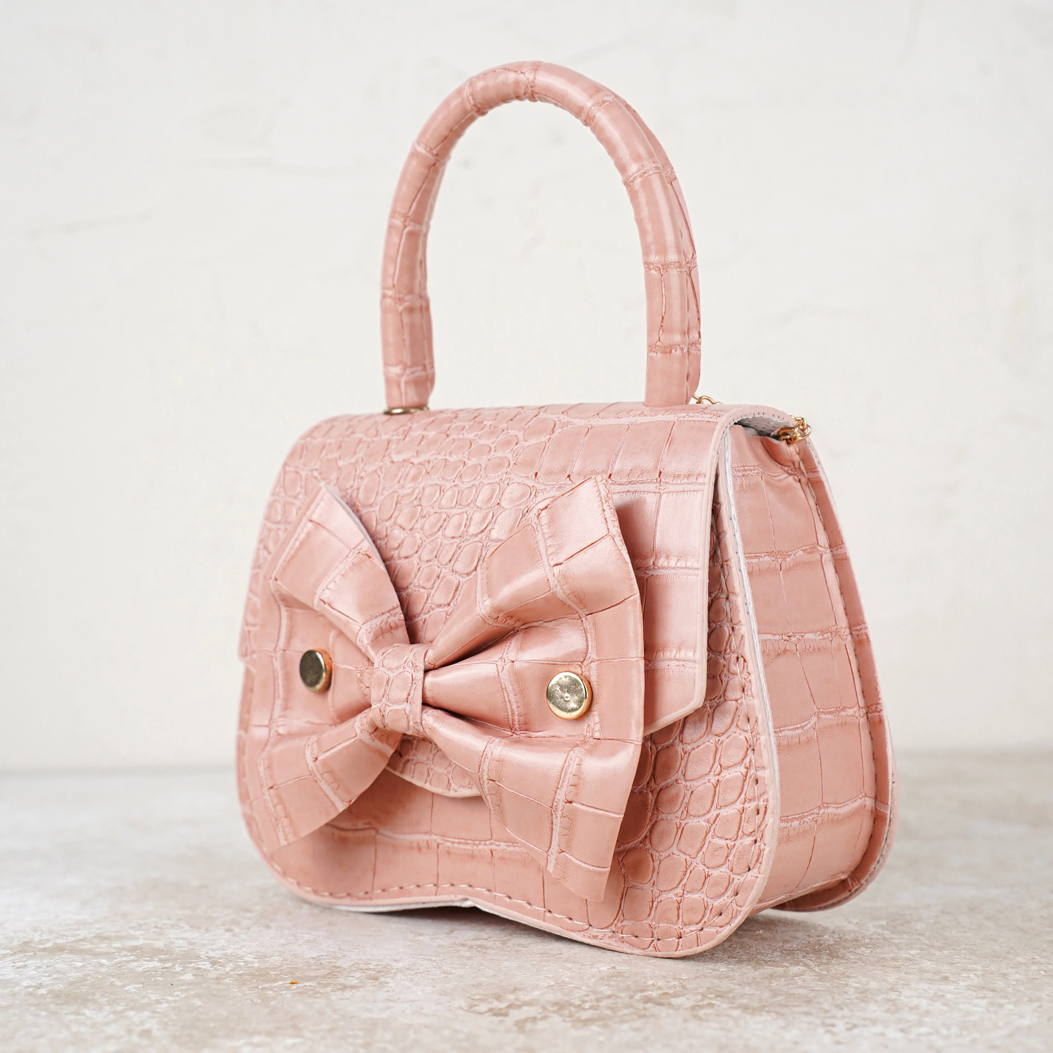 Lora Bliss Kız Çocuk Kroko Desenli Mini Omuz ve El Çantası - Fiyonklu Pudra Pembe