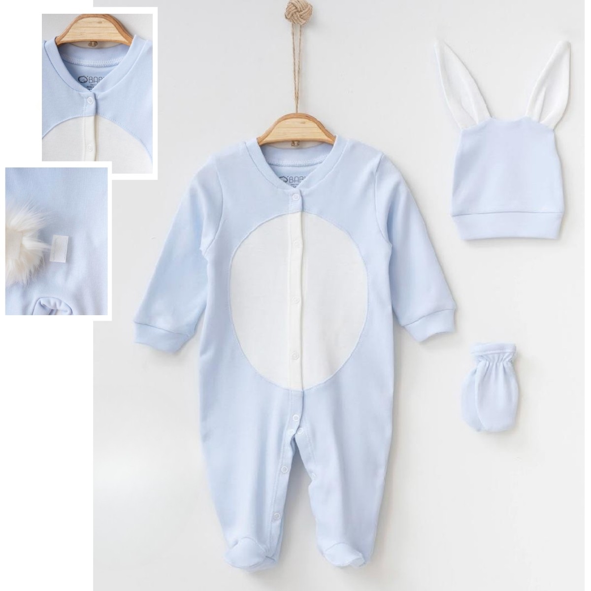 Lora Bliss Unisex 3/6 Ay Tavşanlı 3’lü Mavi Tulum Seti