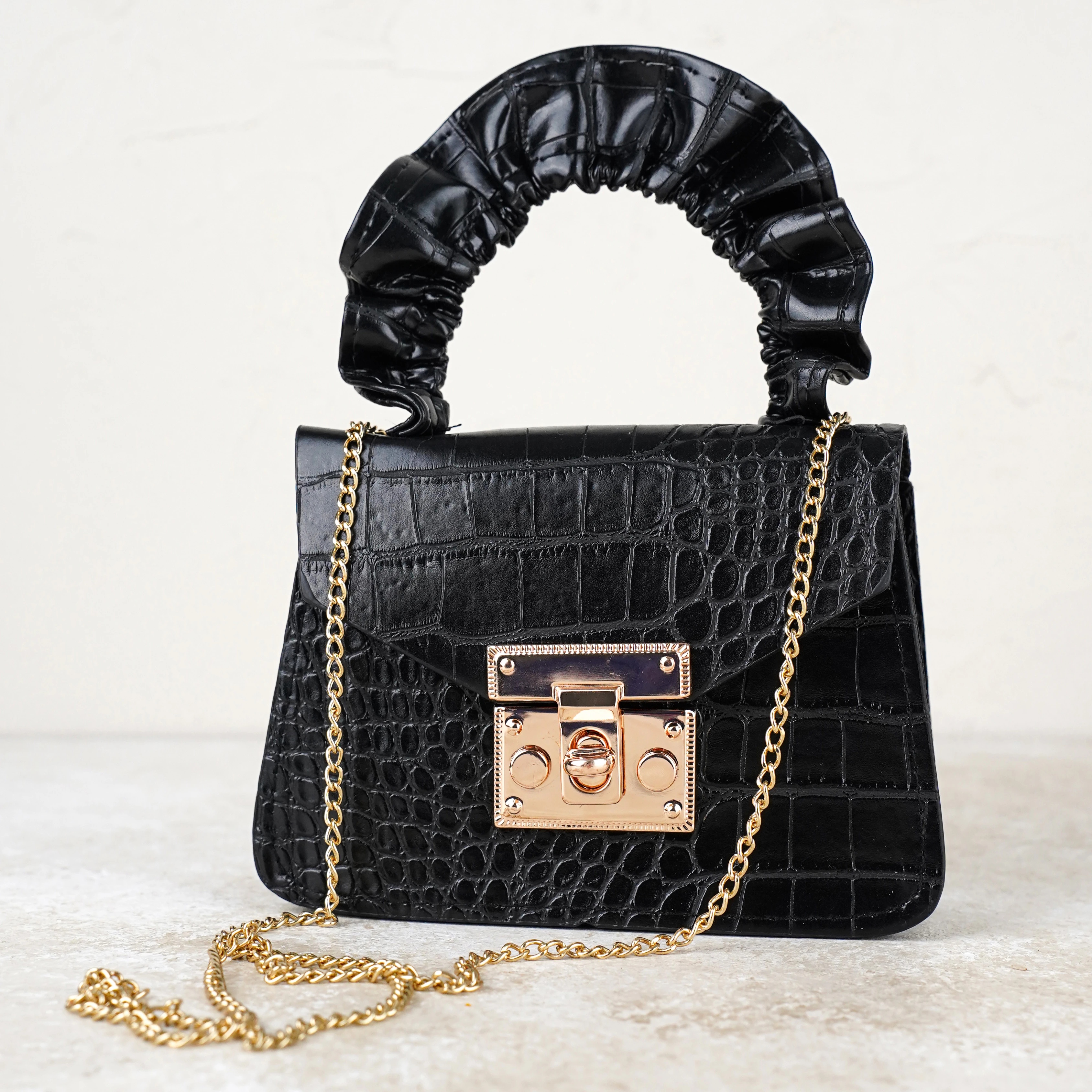 Lora Bliss Kız Çocuk Kroko Desenli Mini Omuz ve El Çantası - Siyah