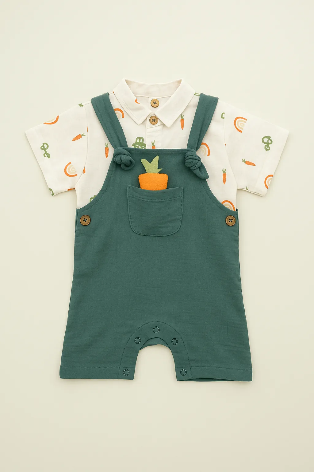 Lora Bliss Havuç Detaylı Salopetli Erkek Bebek Takımı - Beyaz- Yeşil