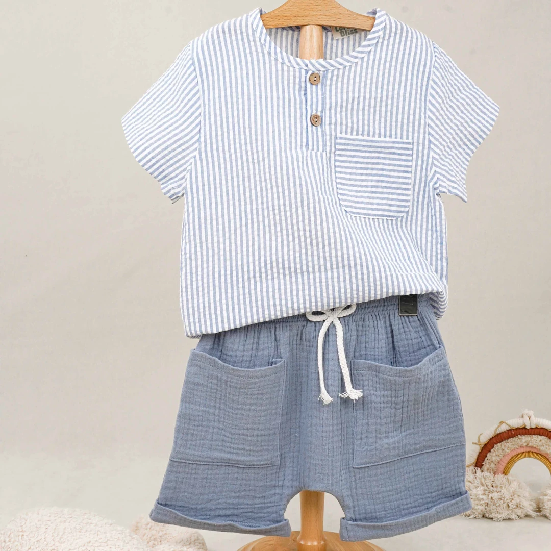 Lora Bliss Mavi Beyaz Çizgili Yazlık Erkek Çocuk Takım | İkili Set - Mavi