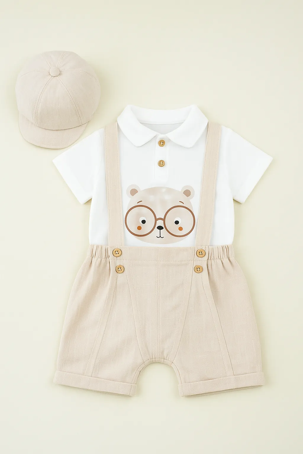 Lora Bliss Ekru Vizon Şort Salopet Takım (Şapkalı) - Ekru