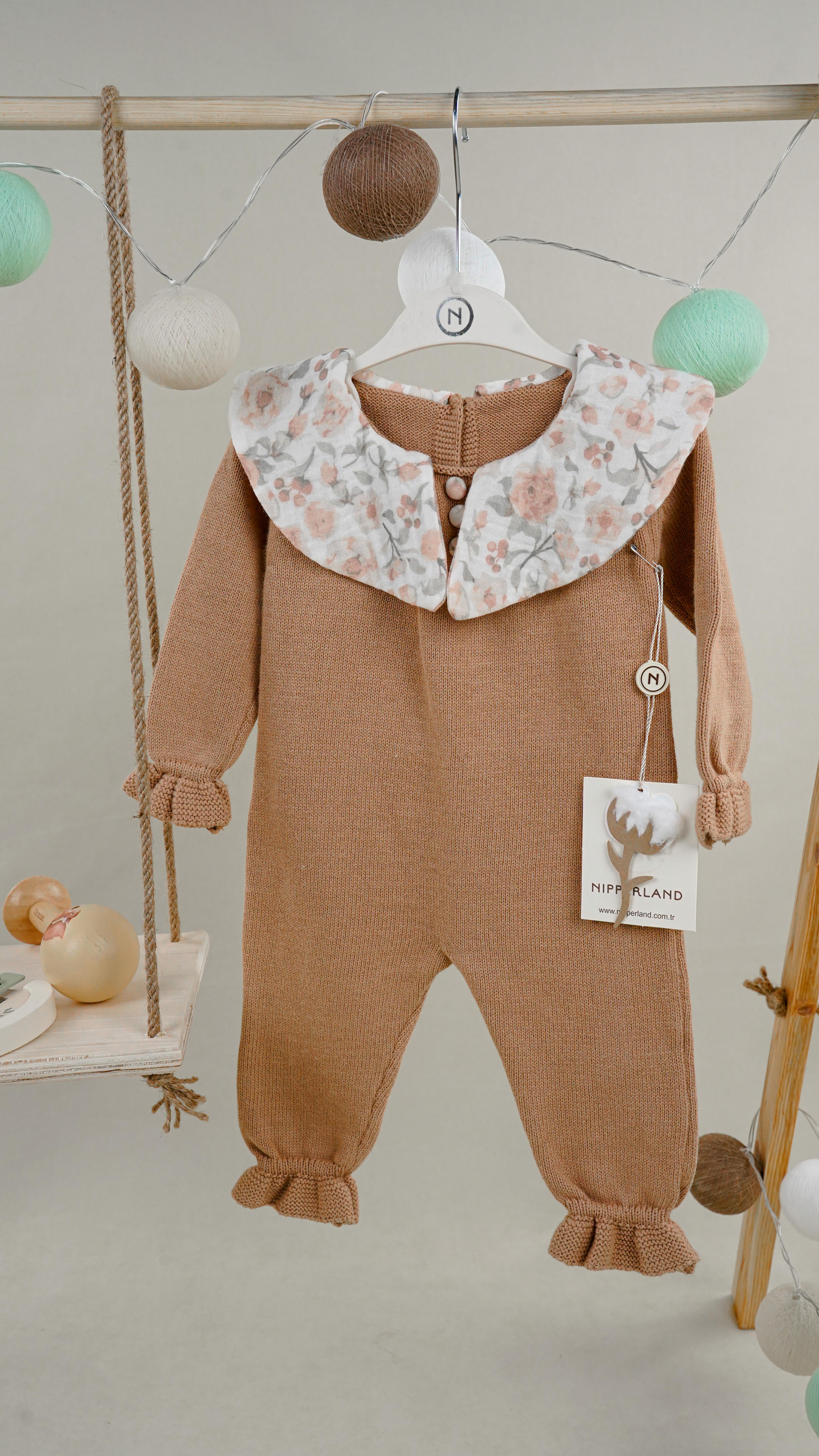 Lora Bliss Kız Bebek Kahverengi Kuğulu Fırfırlı Tulum | 3-6-9-12 Ay %100 Pamuk