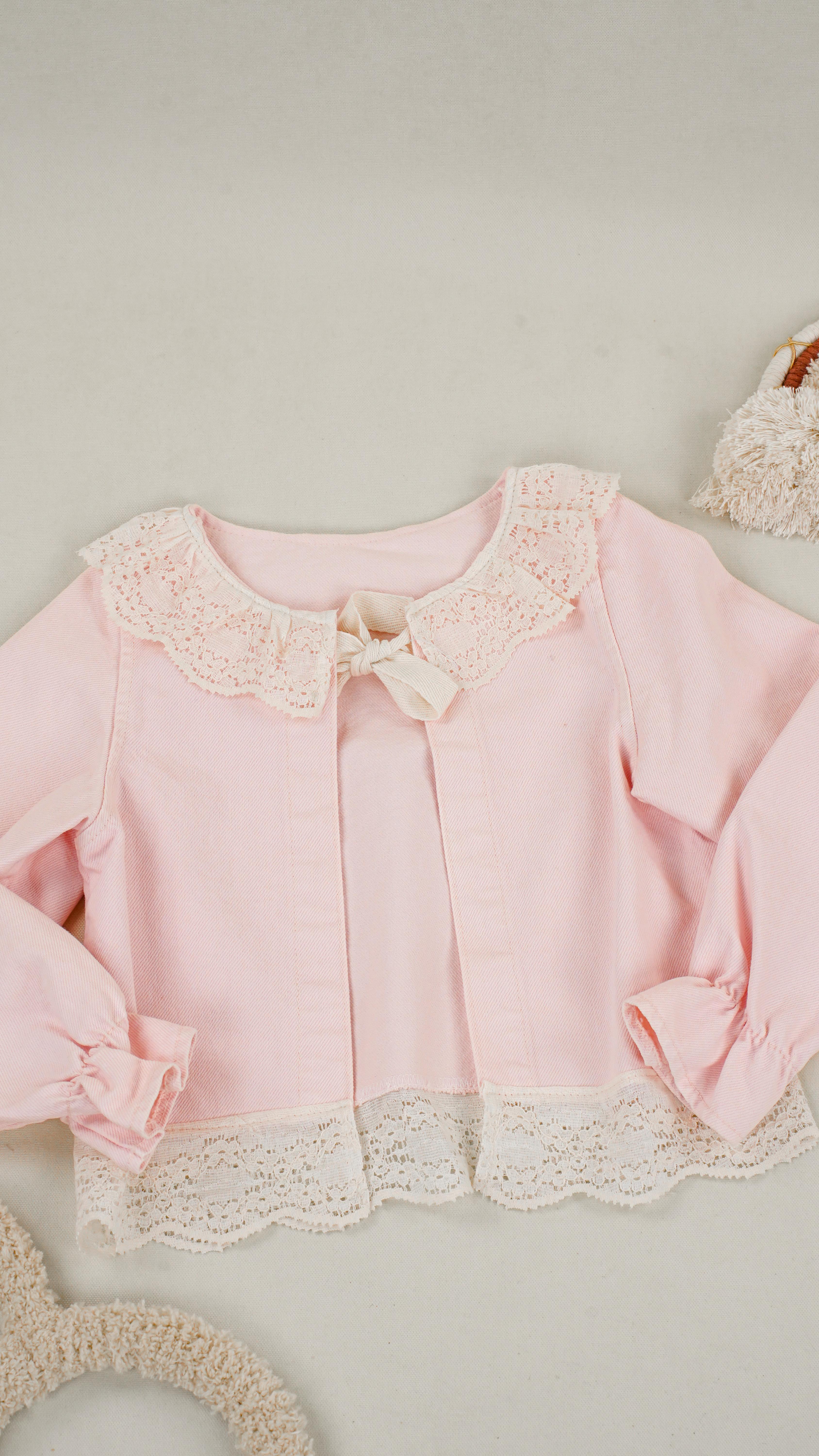 Lora Bliss Kız Çocuk Güpür Detaylı Pembe Ham Ceket – 5-8 Yaş