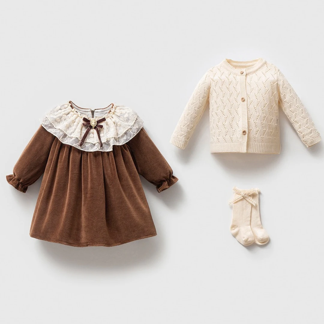 Lora Bliss – Kız Ay Kadife Elbise, Triko Hırka ve Çorap Takımı – Krem & Kahverengi - Krem ve Kahverengi