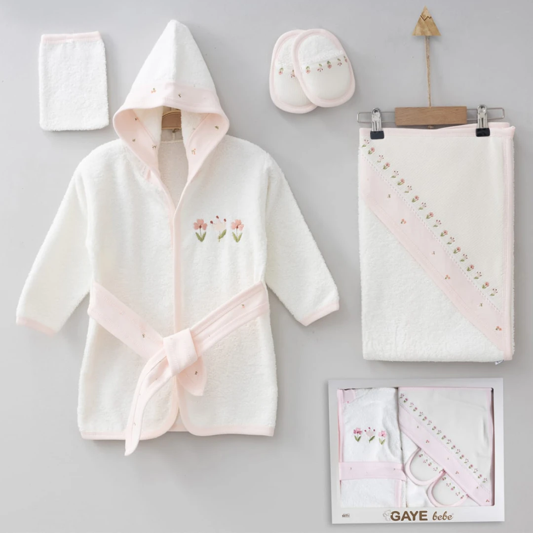 Lora Bliss Bebek Kız Kanaviçe Nakışlı Bornoz Seti - Pudra