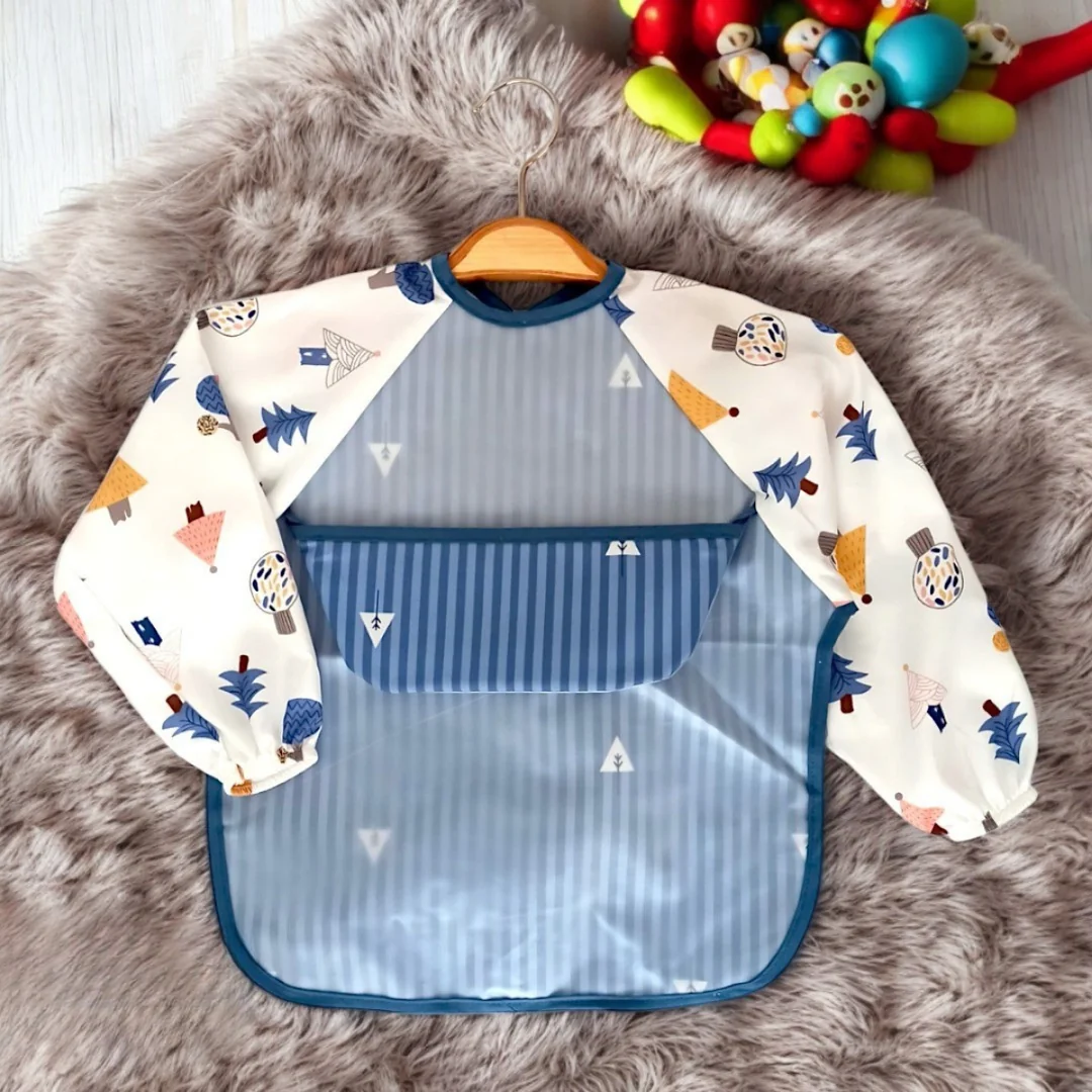 Lora Bliss Unisex Güneş Desenli Hazneli Kollu Mama Önlüğü – Su Geçirmez ve Kolay Temizlenir - İndigo