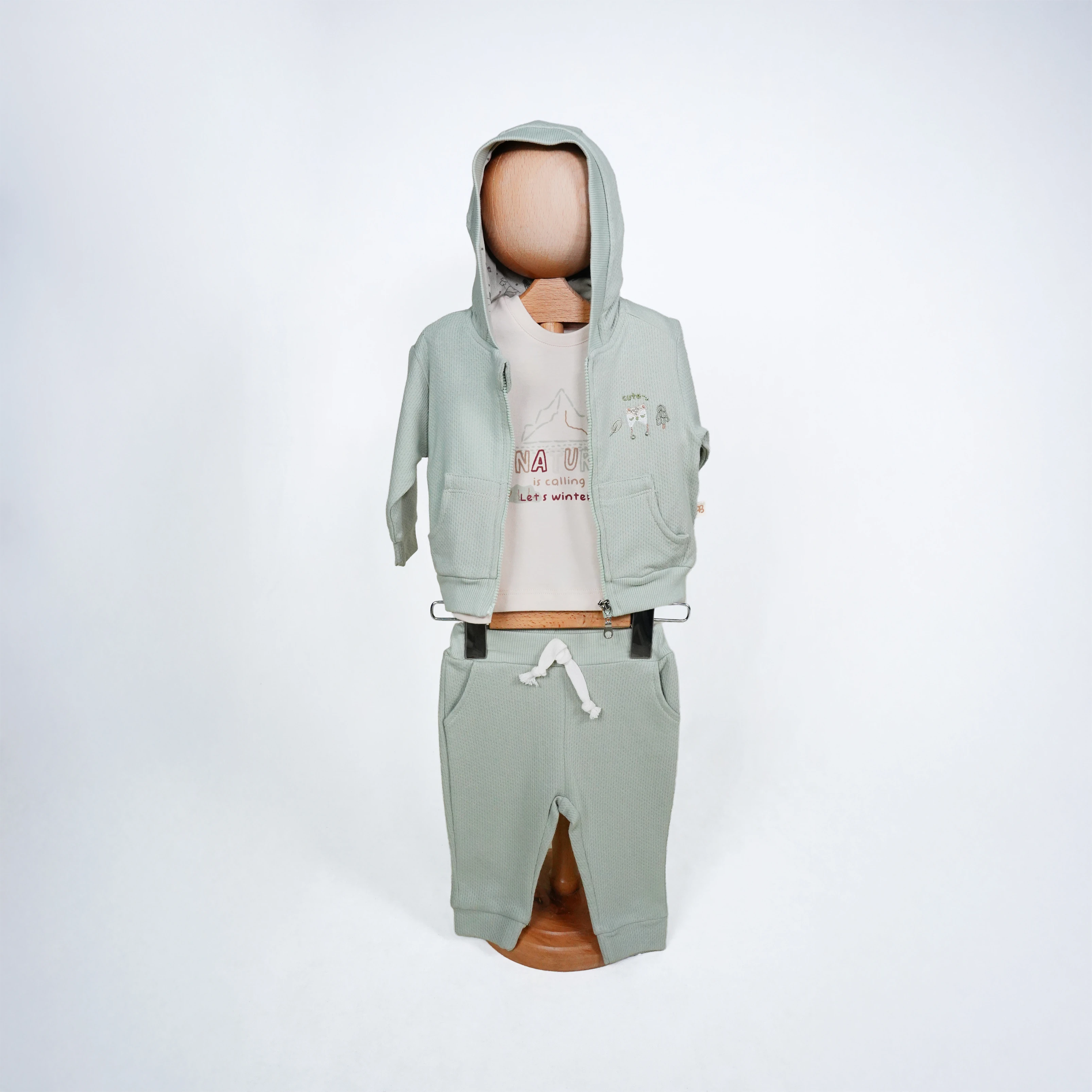 Lora Bliss Erkek Bebek Basic Hırkalı Takım | Kapüşonlu 3’lü Kombin - Beyaz- Yeşil