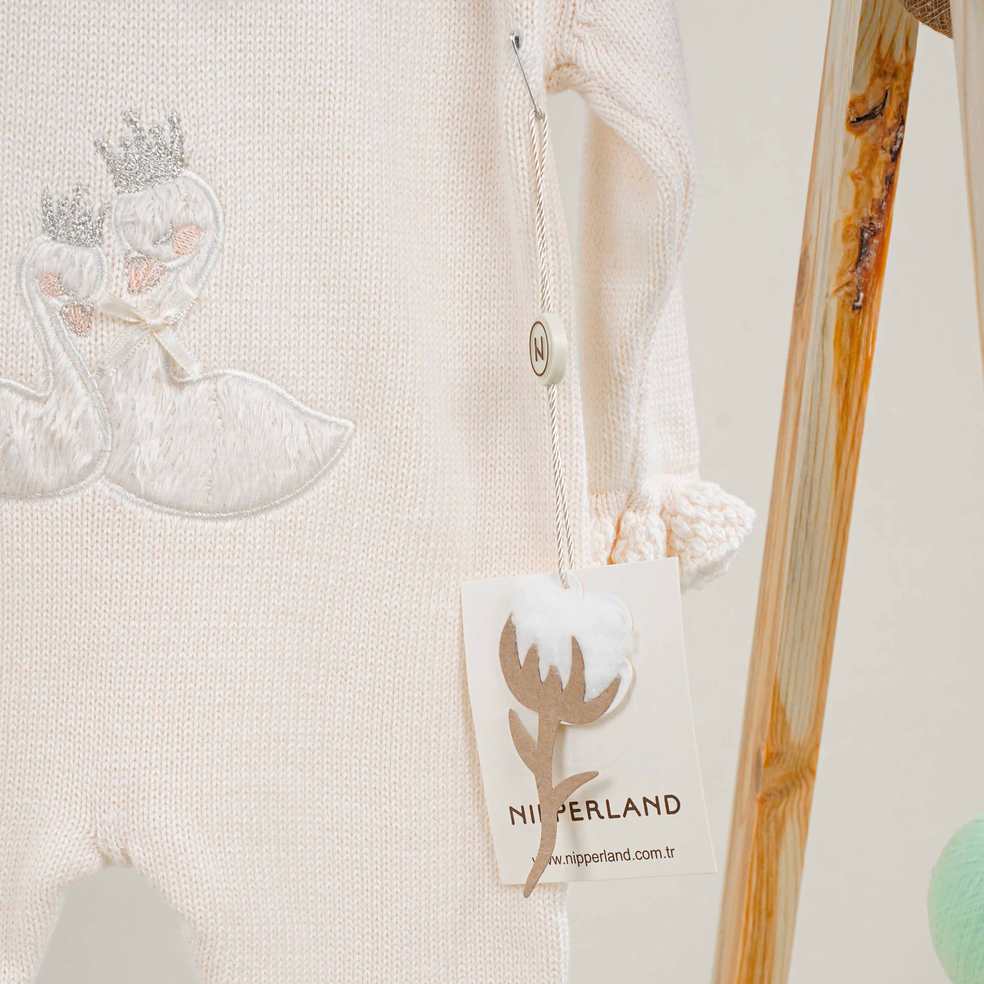 Nipperland Kız Bebek Ekru Kuğulu Fırfırlı Pamuklu Tulum - Ekru - Ekru