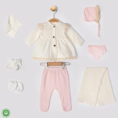 Lora Bliss Kız Dantelli Müslin 8'li Hastane Çıkışı Set - Pudra