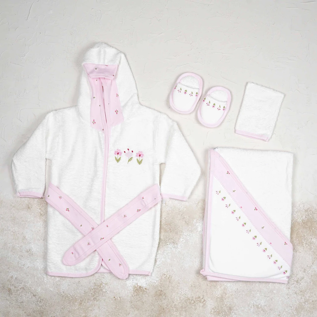 Lora Bliss Bebek Kız Kanaviçe Nakışlı Bornoz Seti - Pudra