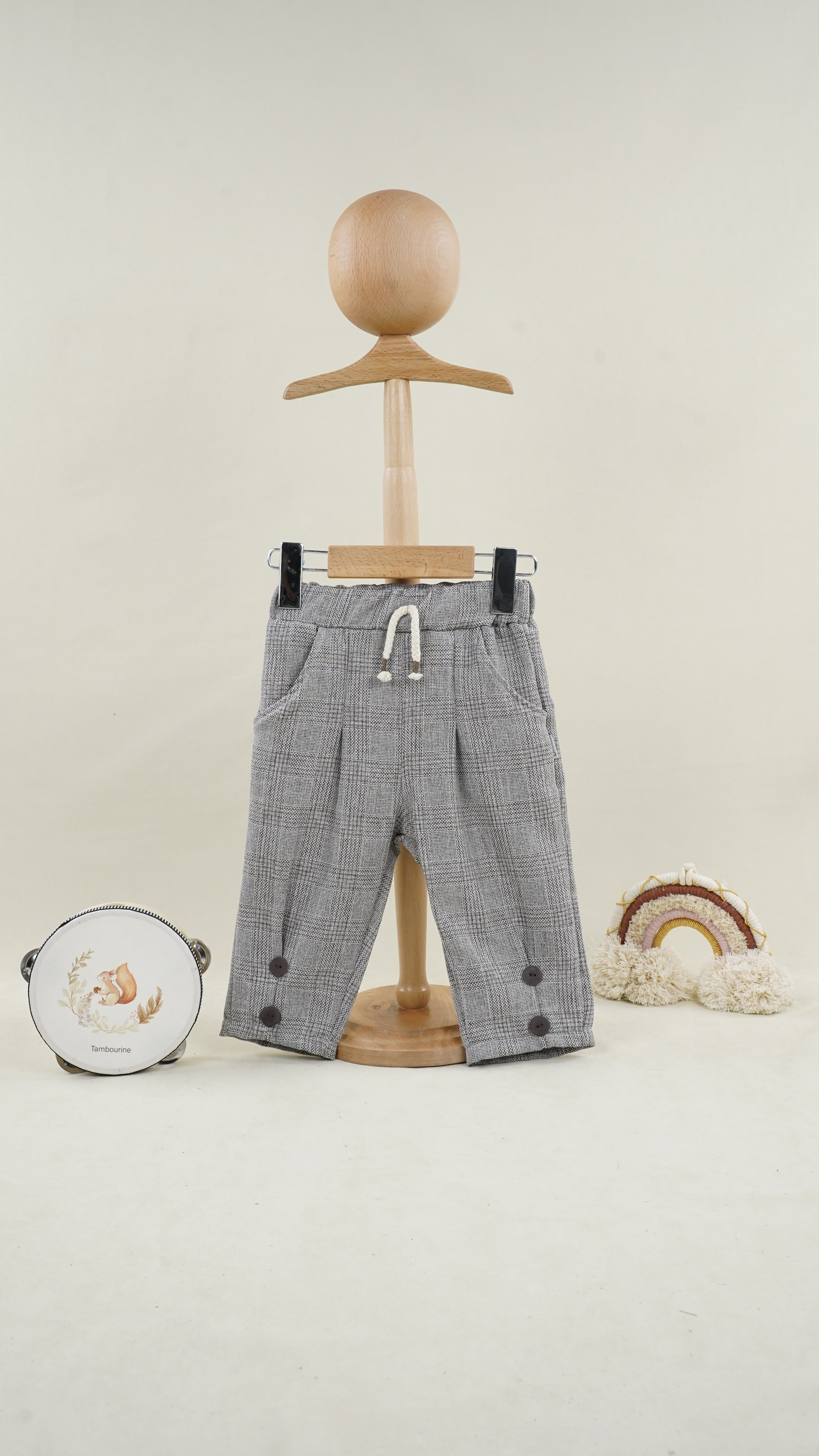 Lora Bliss Erkek Bebek Gri Ekose Pantolon – 1-4 Yaş Lastikli ve Düğme Detaylı
