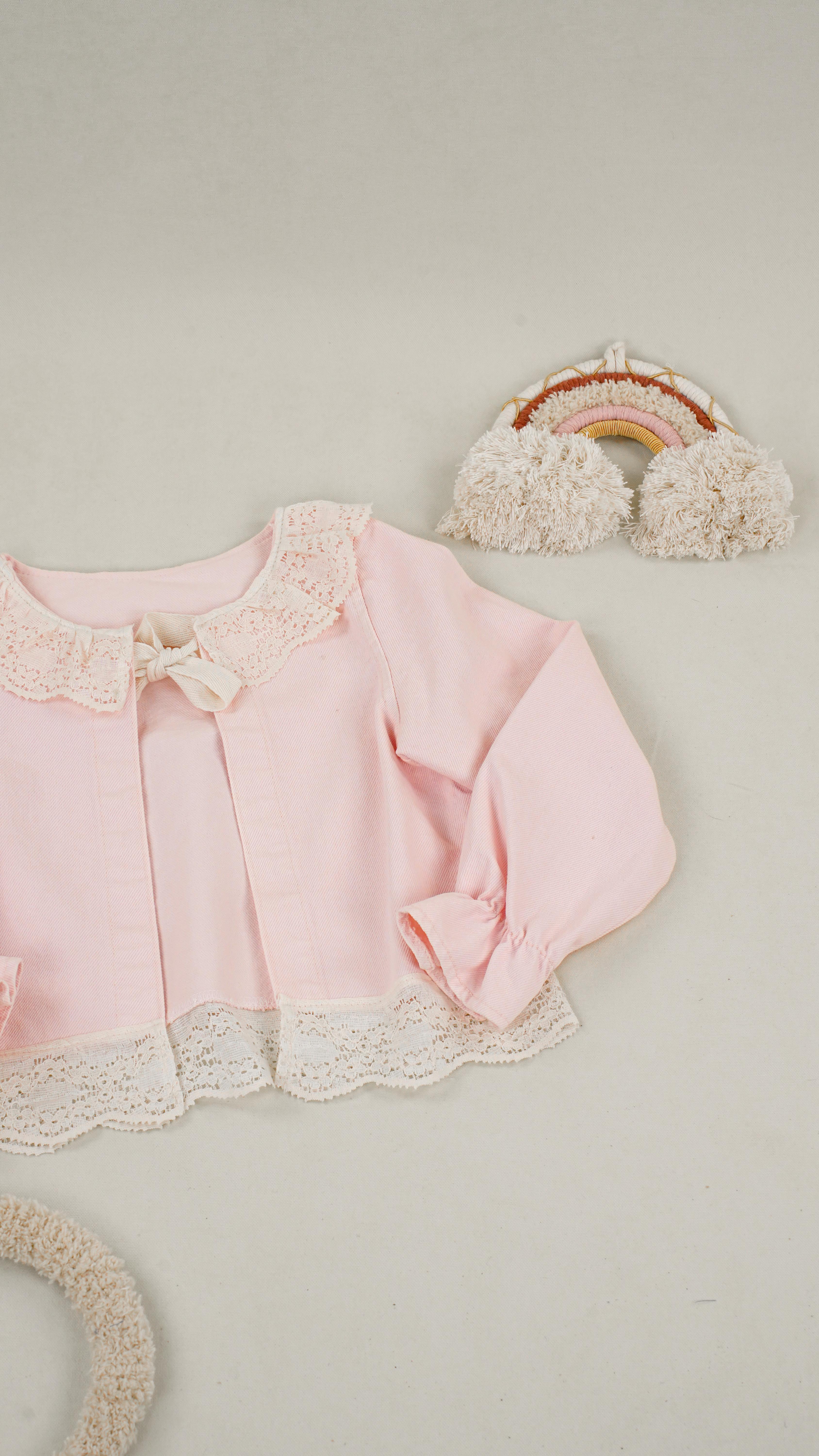 Lora Bliss Kız Çocuk Güpür Detaylı Pembe Ham Ceket – 5-8 Yaş