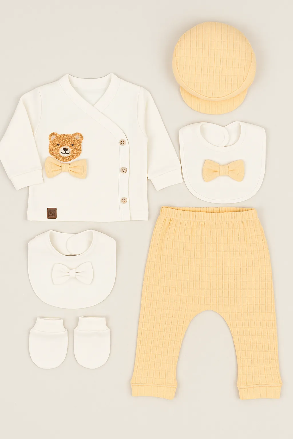 Lora Bliss Erkek Bebek Ayıcık Nakışlı 5'li Hastane Çıkışı Seti - Hardal