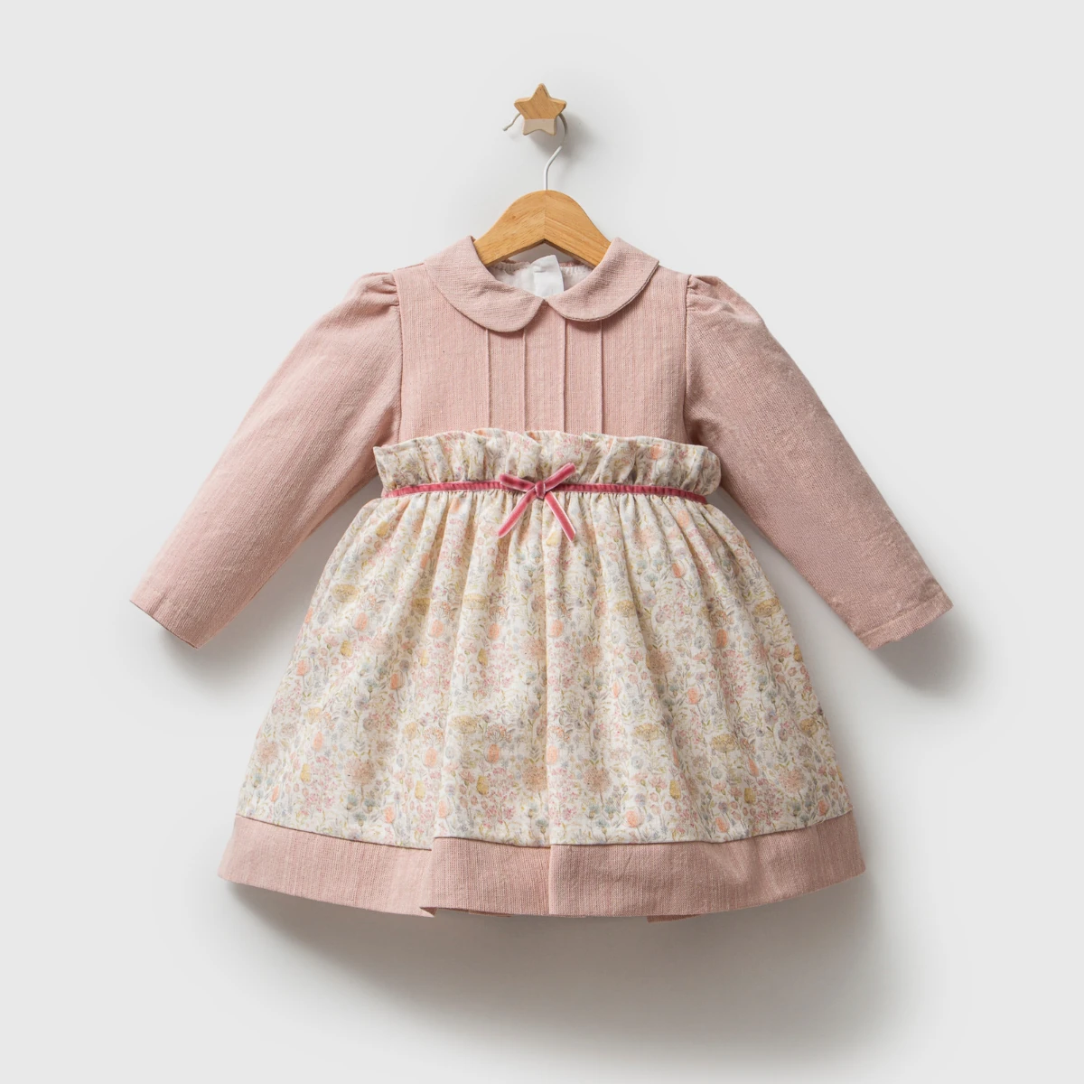 Lora Bliss – Kız Çiçek Desenli Fiyonklu Elbise - Pudra