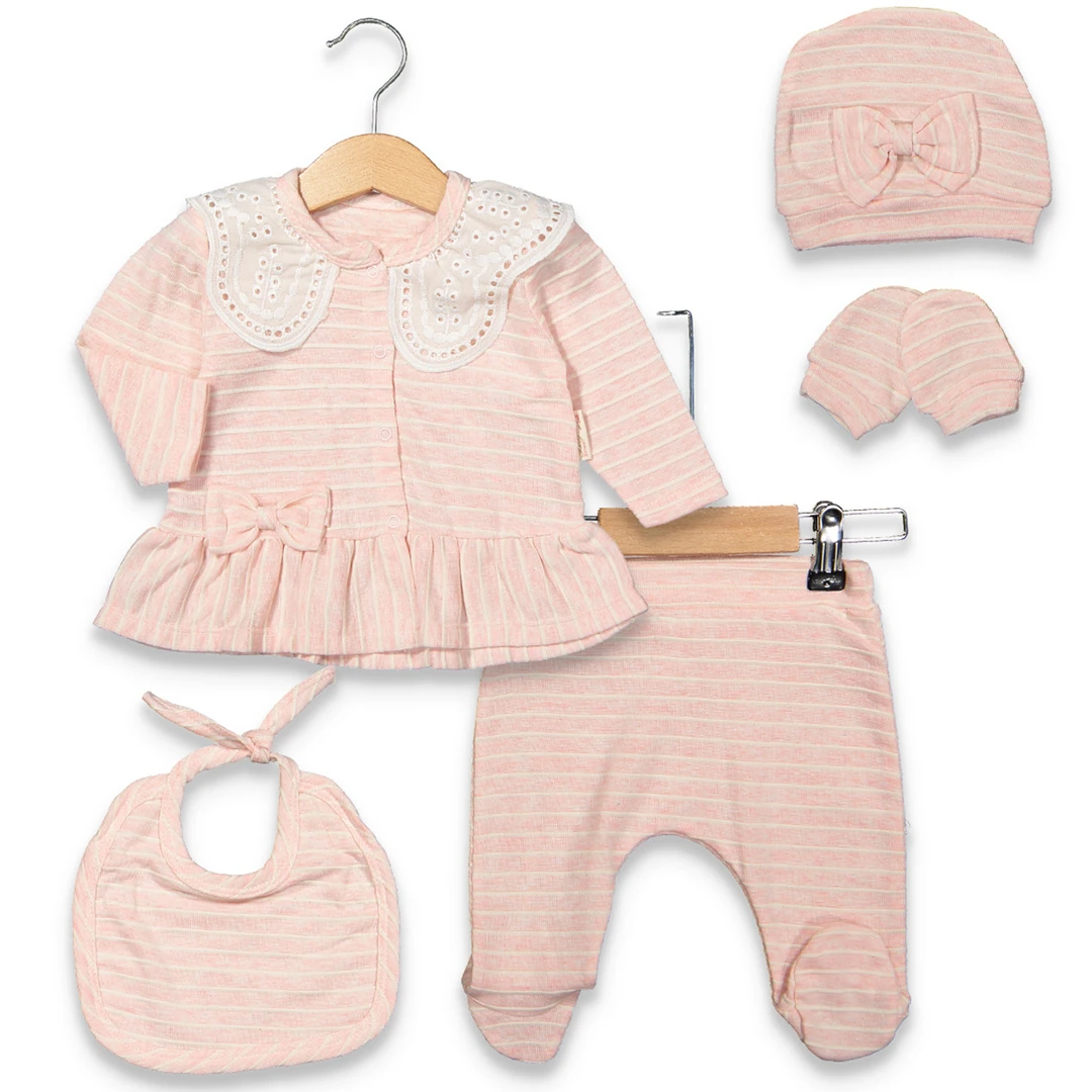Lora Bliss Kız Fisto Yakalı Çizgili Hastane Çıkış Seti – 0-3 Ay | Şıklık ve Konfor Bir Arada - Pembe