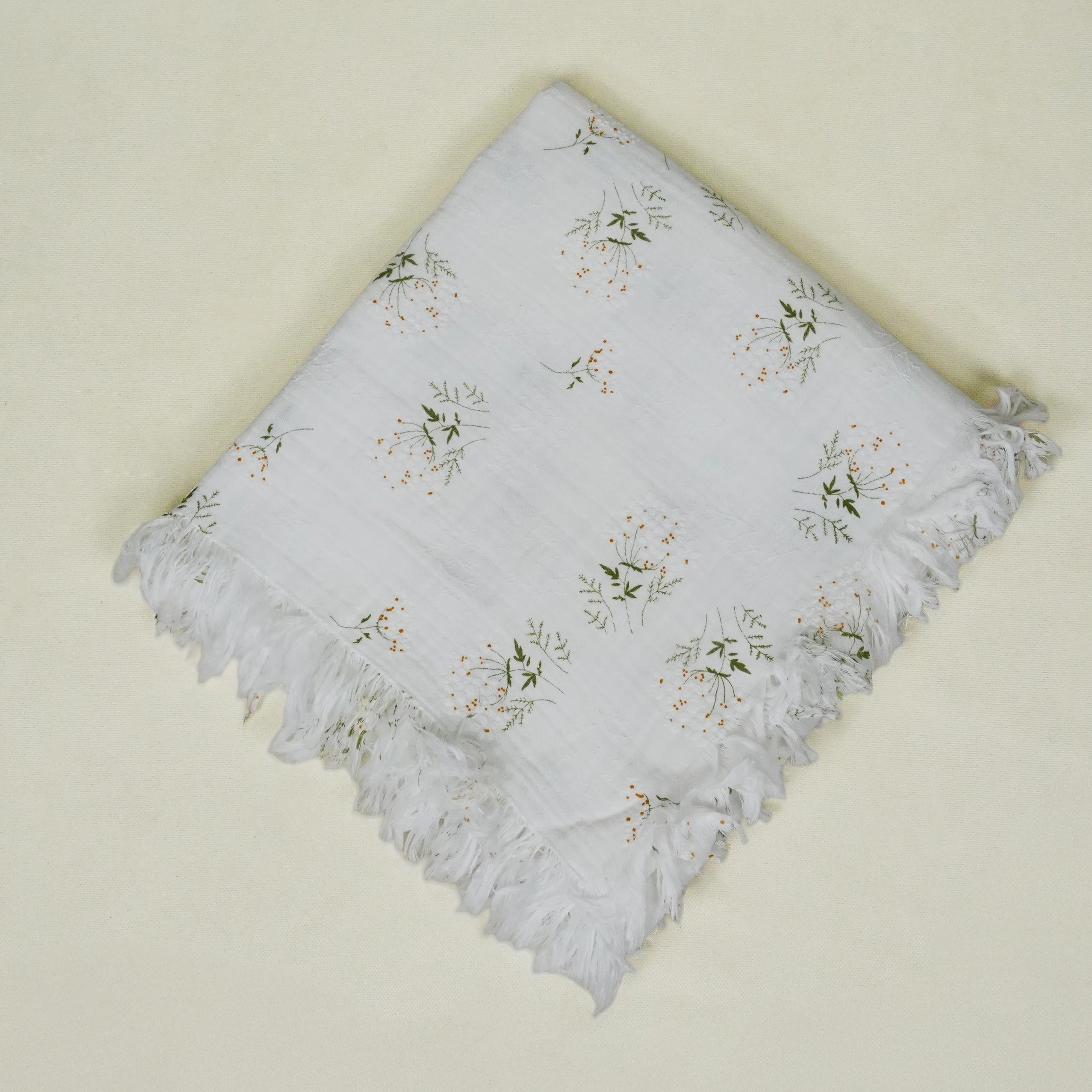 Lora Bliss Unisex 2 Kat Müslin Battaniye – Floral Desenli (105×120 cm) - Beyaz- Yeşil