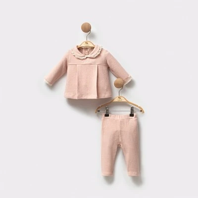 Lora Bliss Kız Fiyonk Nakışlı Güpürlü Takım - Pudra