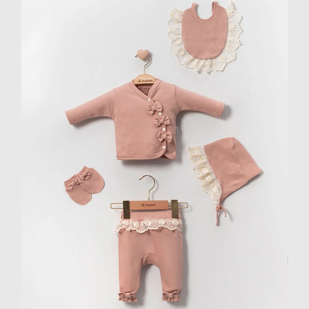 Lora Bliss Kız Bebek Brode İşlemeli 5’li Hastane Çıkış Seti - Pudra