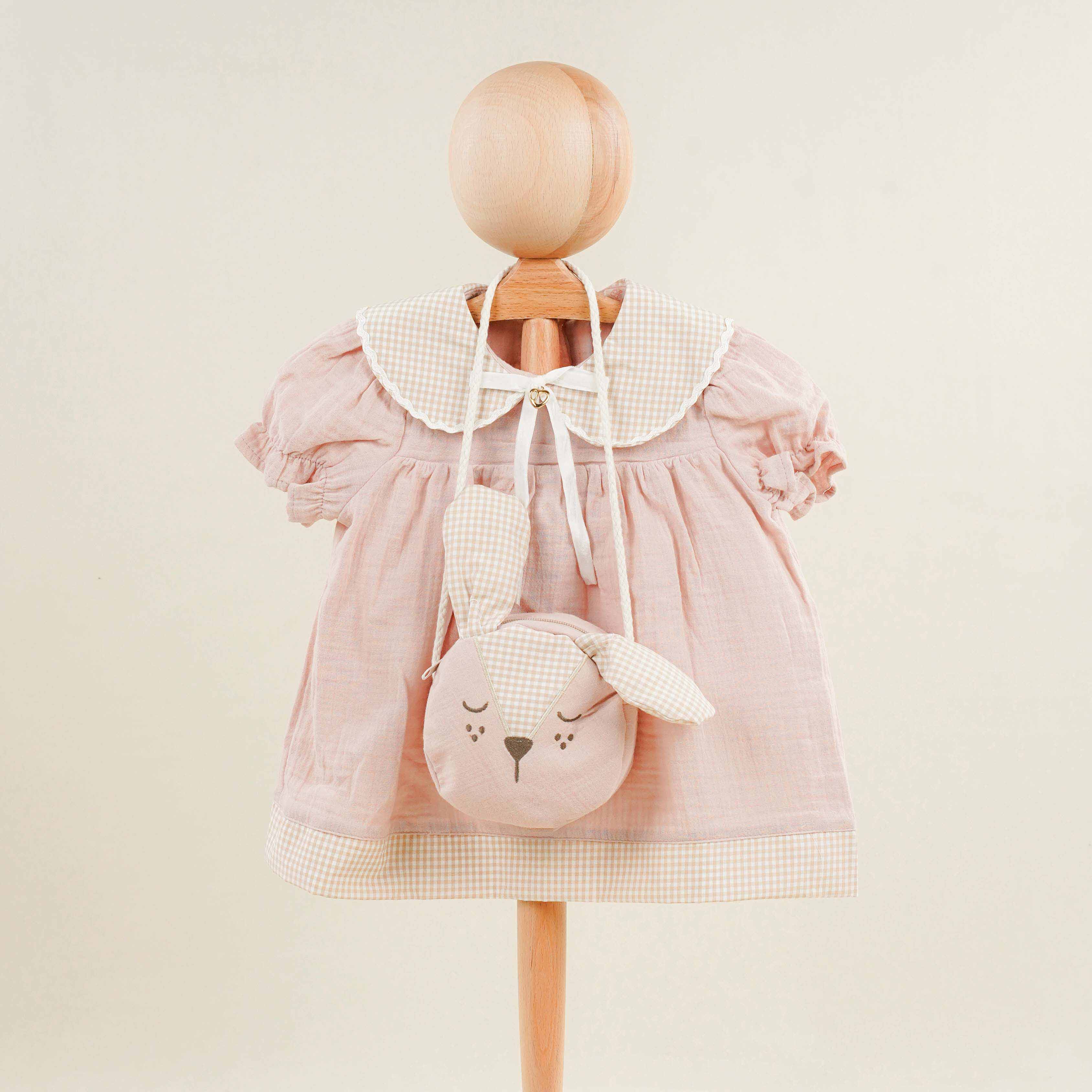 Lora Bliss Kız Pötikare Yakalı Pembe Müslin Elbise (Tavşan Çanta Hediyeli) - Pembe