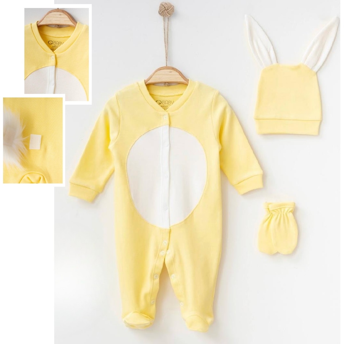 Lora Bliss Unisex 3/6 Ay Tavşanlı 3’lü Sarı Tulum Seti