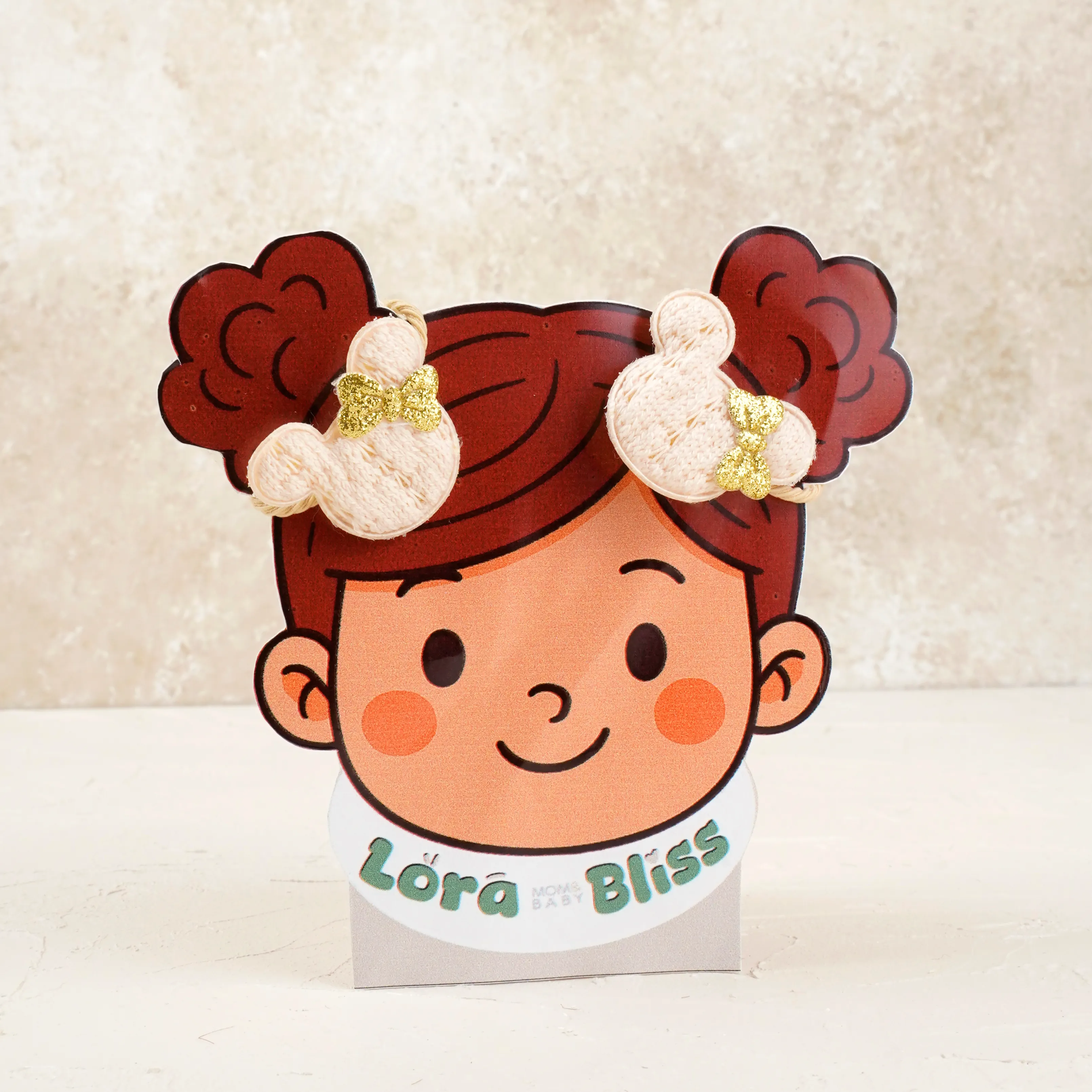 Çiftli Simli Fiyonk Detaylı Mickey Figürlü Toka | Lora Bliss - Krem