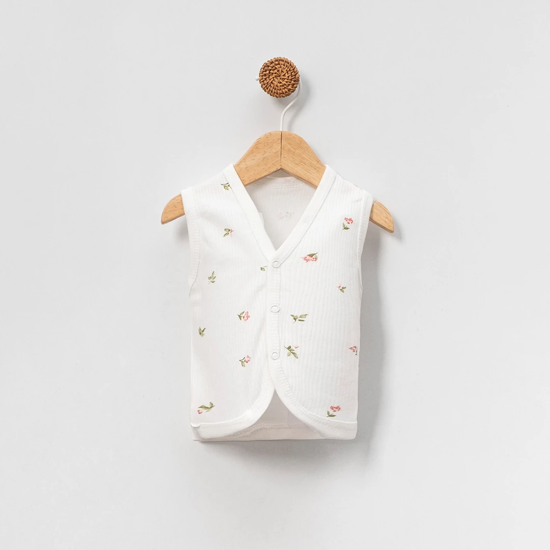 Lora Bliss Kız Bebek Ekru Lale Desenli Yelek - Beyaz