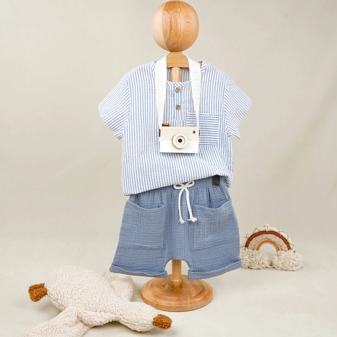 Lora Bliss Mavi Beyaz Çizgili Yazlık Erkek Çocuk Takım | İkili Set - Mavi