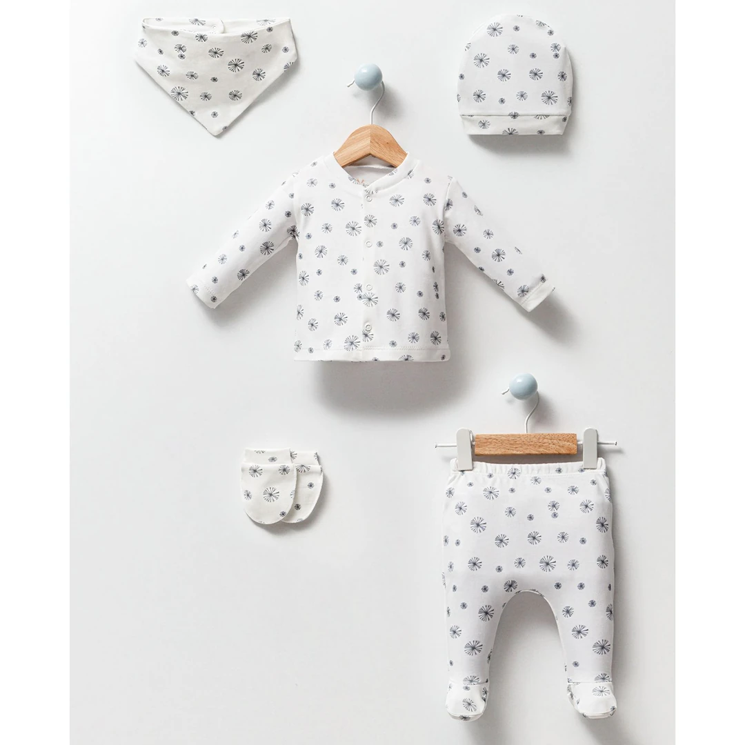 Lora Bliss Unisex Karahindiba Desenli 5’li Bebek Seti | Şapka, Üst, Alt, Eldiven, Ağız Mendili - Beyaz