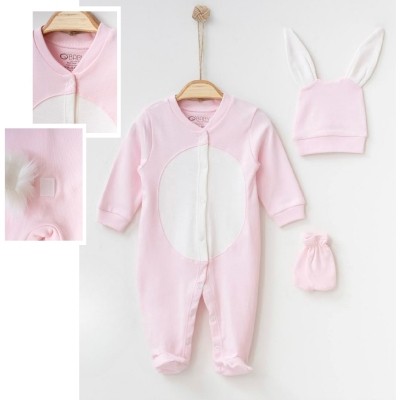 Lora Bliss Unisex  3/6 Ay Tavşanlı 3’lü Pembe Tulum Seti