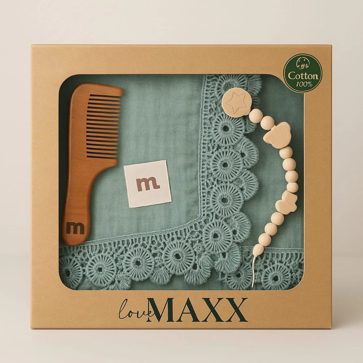 Lora Bliss Müslin Battaniye, Tarak ve Emzik Tutacağı Set - Beyaz- Yeşil