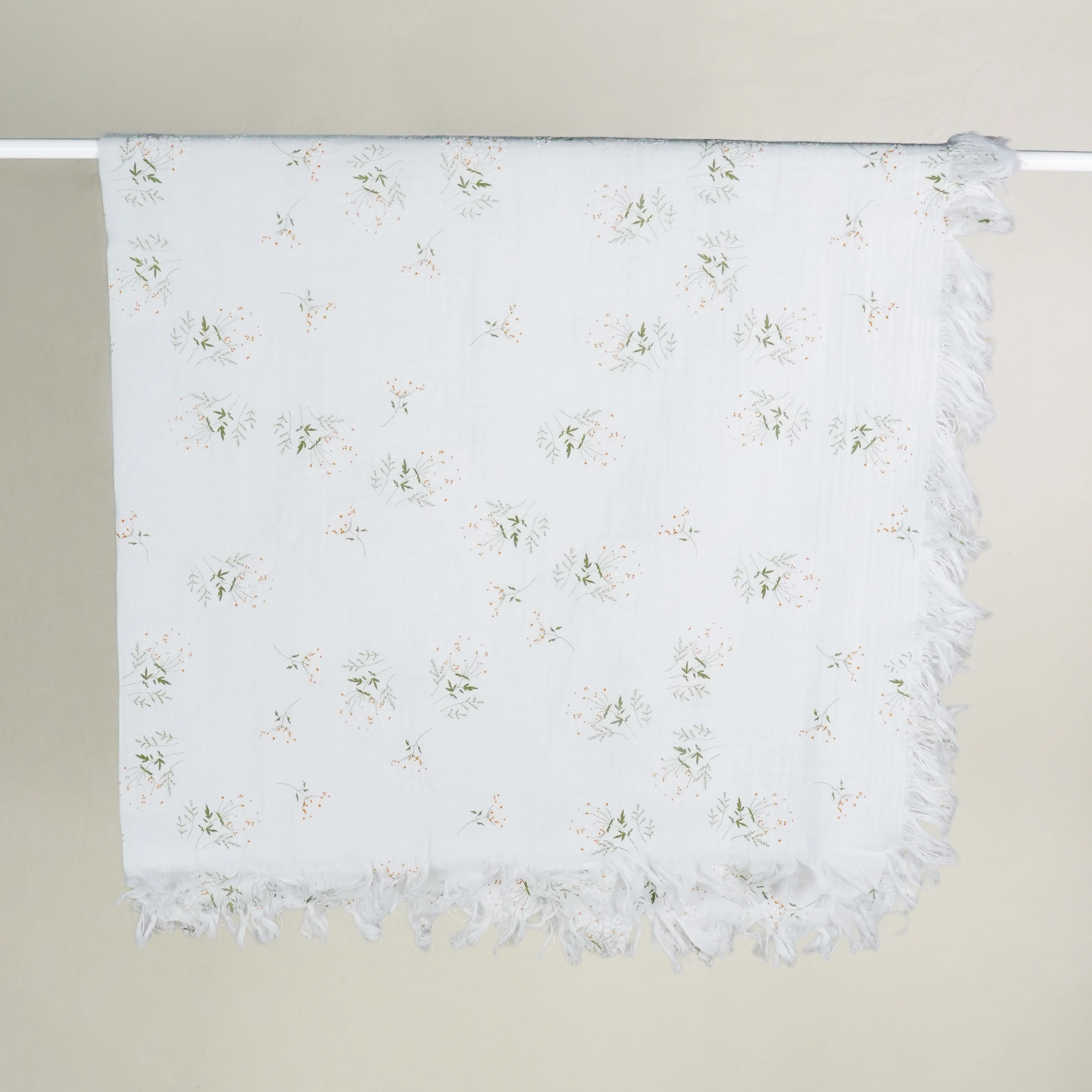 Lora Bliss Unisex 2 Kat Müslin Battaniye – Floral Desenli (105×120 cm) - Beyaz- Yeşil