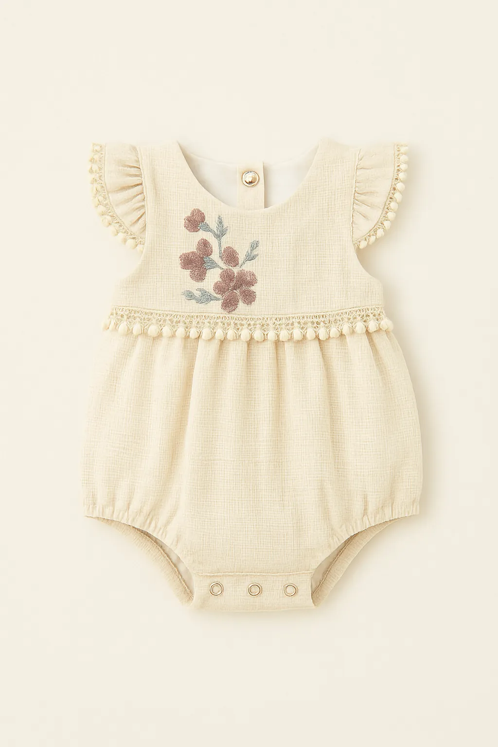 Vintage Çiçek Nakışlı Bebek Zıbın Takımı | Lora Bliss - Krem