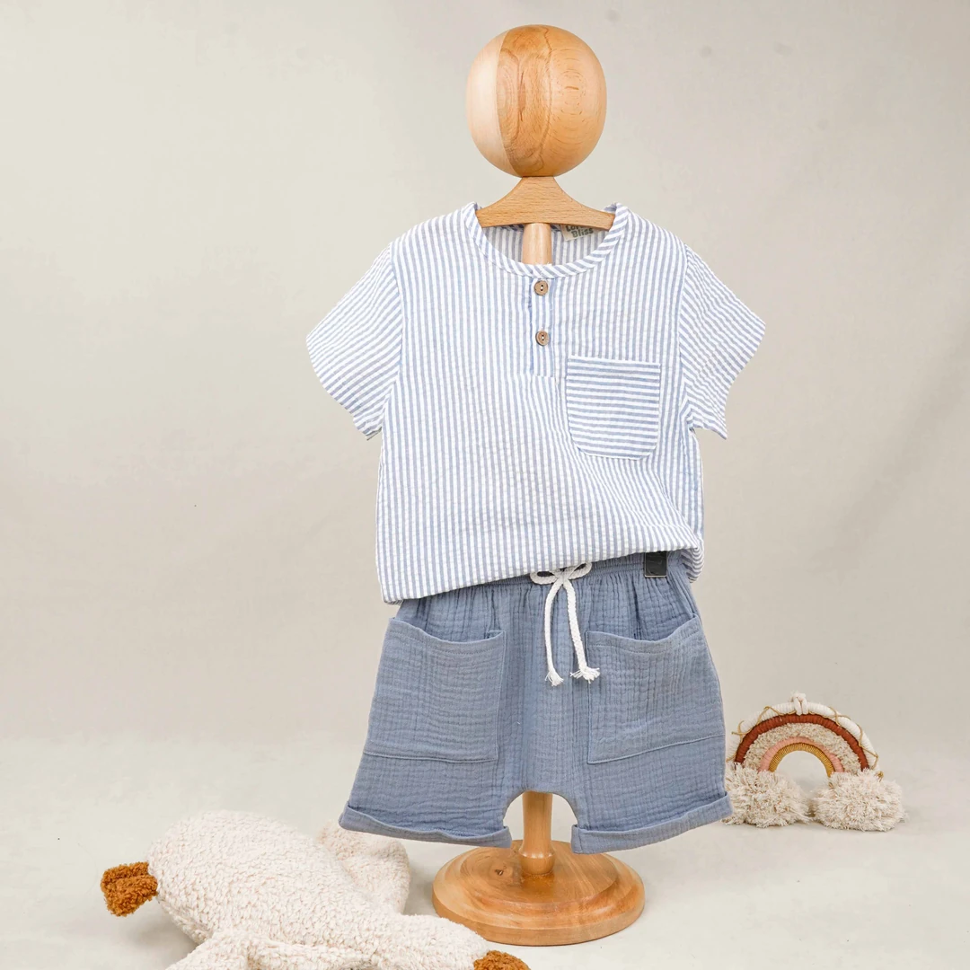 Lora Bliss Mavi Beyaz Çizgili Yazlık Erkek Çocuk Takım | İkili Set - Mavi