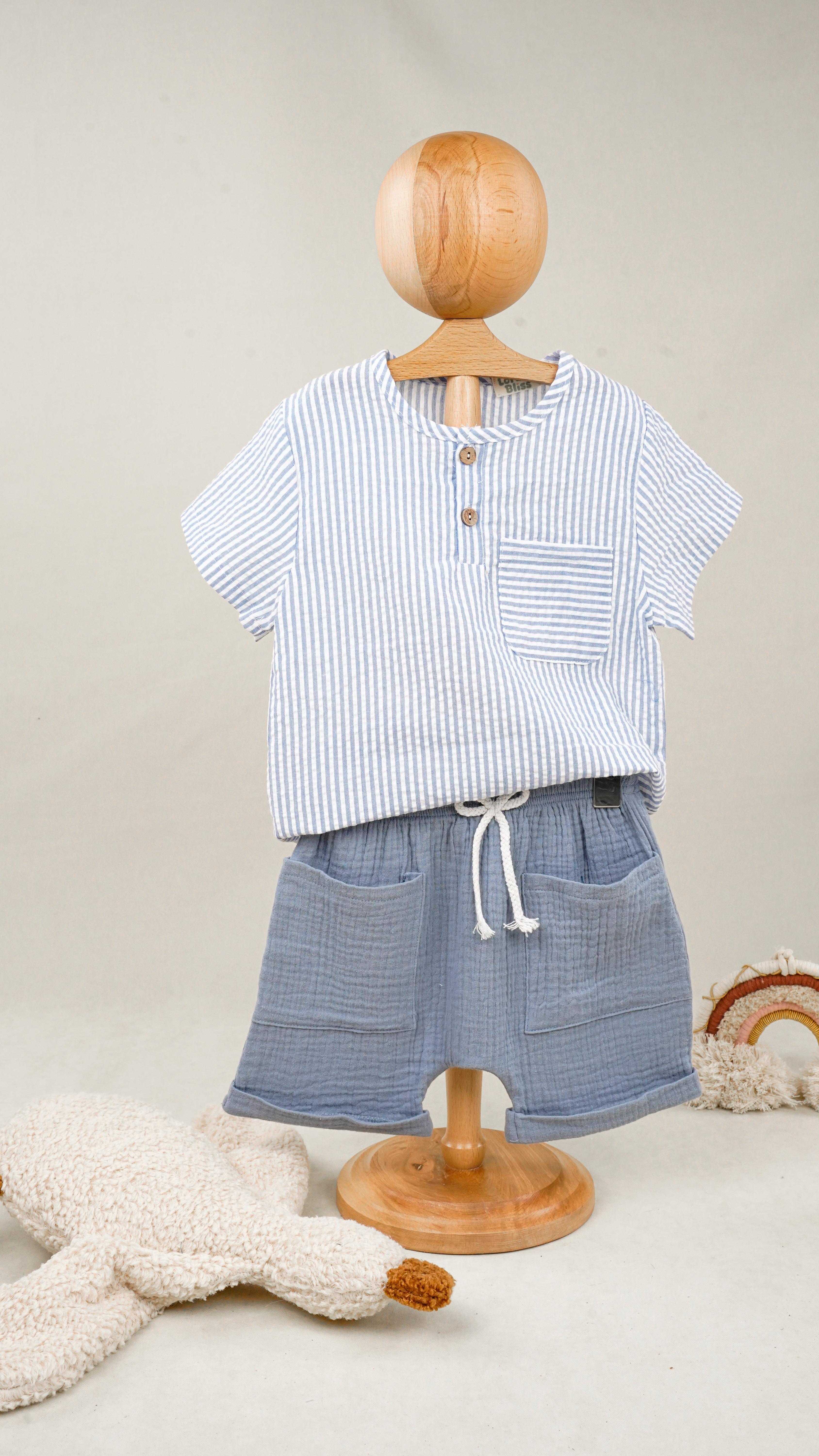 Lora Bliss Mavi Beyaz Çizgili Yazlık Erkek Çocuk Takım | 3 Yaş İkili Set