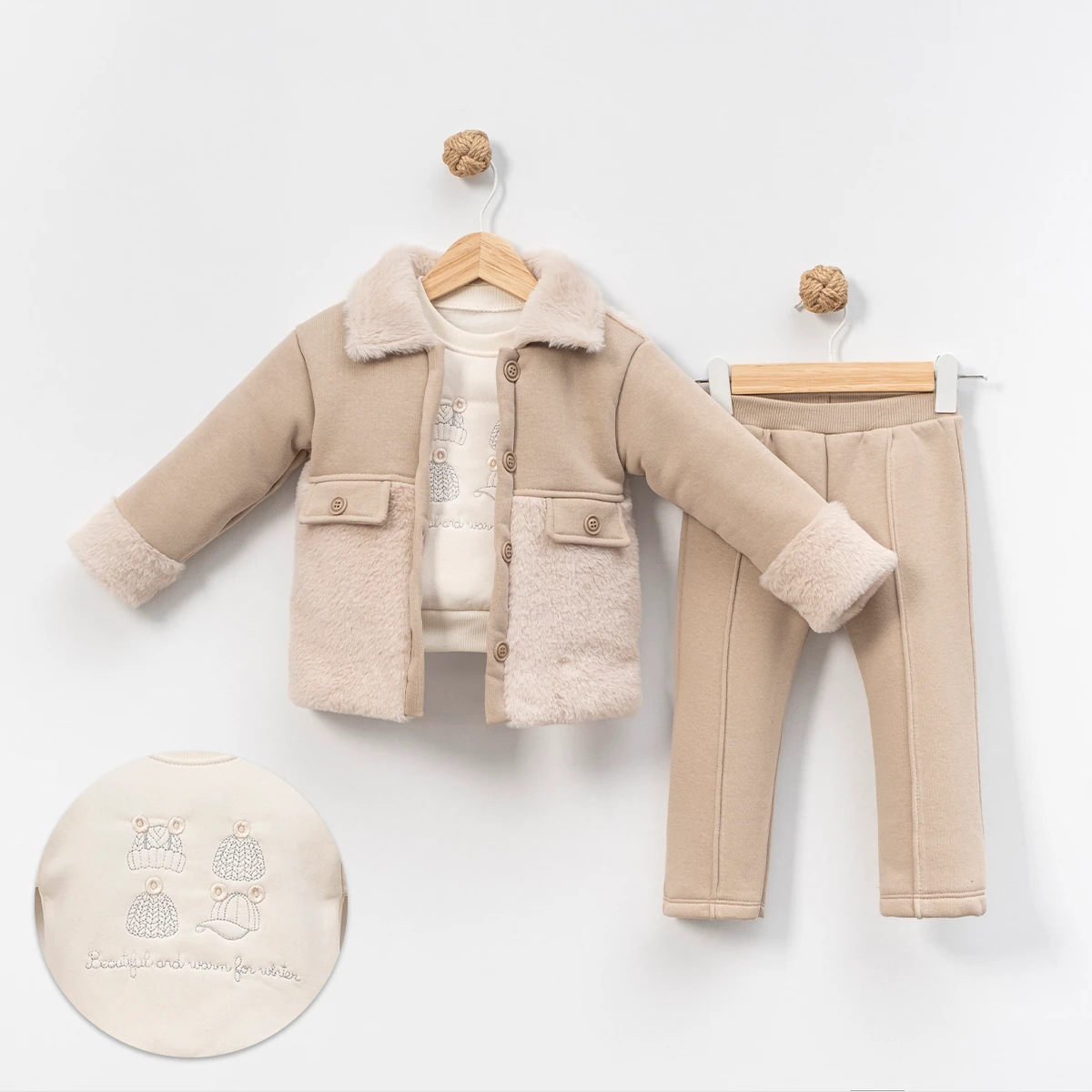 Lora Bliss Kız Kürklü Hırkalı 3'lü Takım - Bej