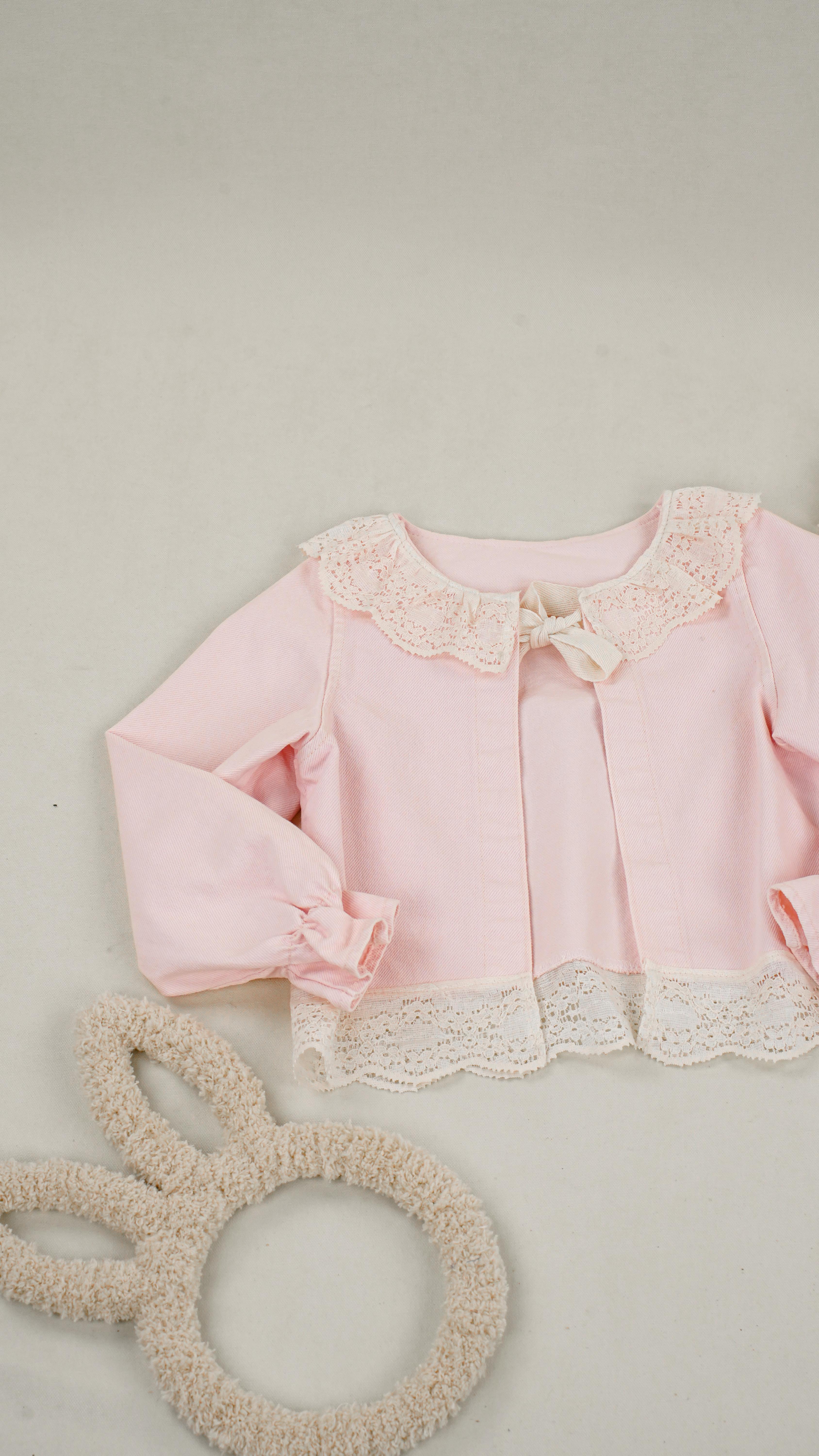 Lora Bliss Kız Çocuk Güpür Detaylı Pembe Ham Ceket – 5-8 Yaş