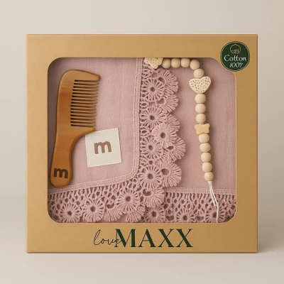 Lora Bliss Müslin Battaniye, Tarak ve Emzik Tutacağı Set - Gül Kurusu