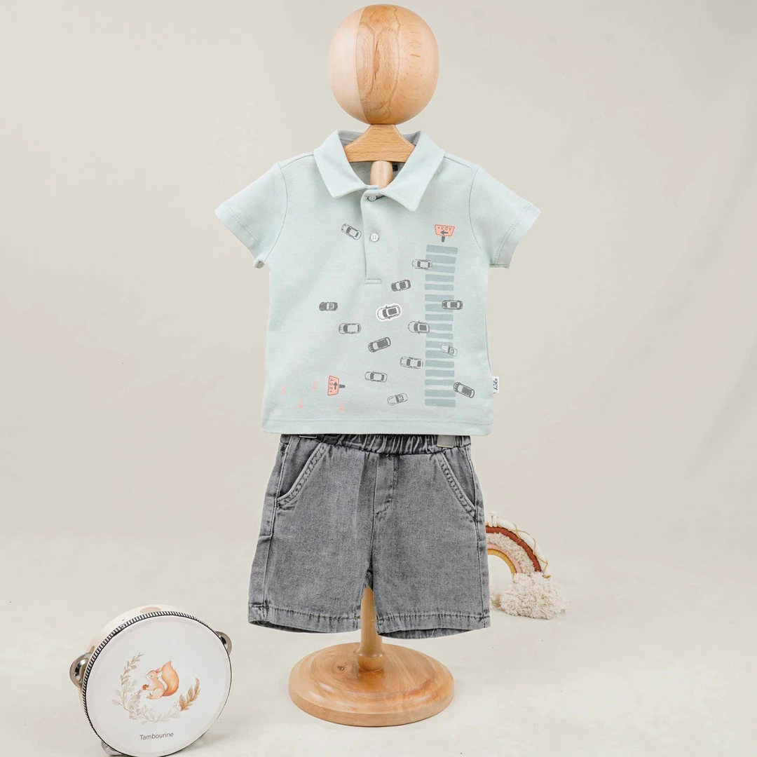 Lora Bliss Araba Desenli Şort Tişört Takımı - Mint Yeşili