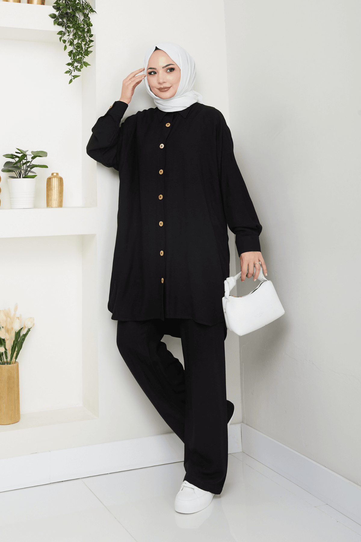 Keten Tunik Pantolon İkili Takım - Siyah