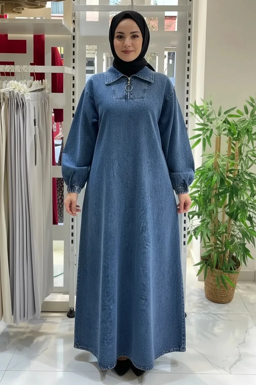 Fermuarlı Kot Elbise - Mavi