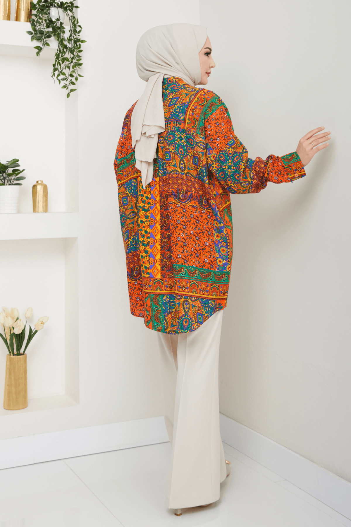 Oversize Retro Desenli  Kadın Gömlek