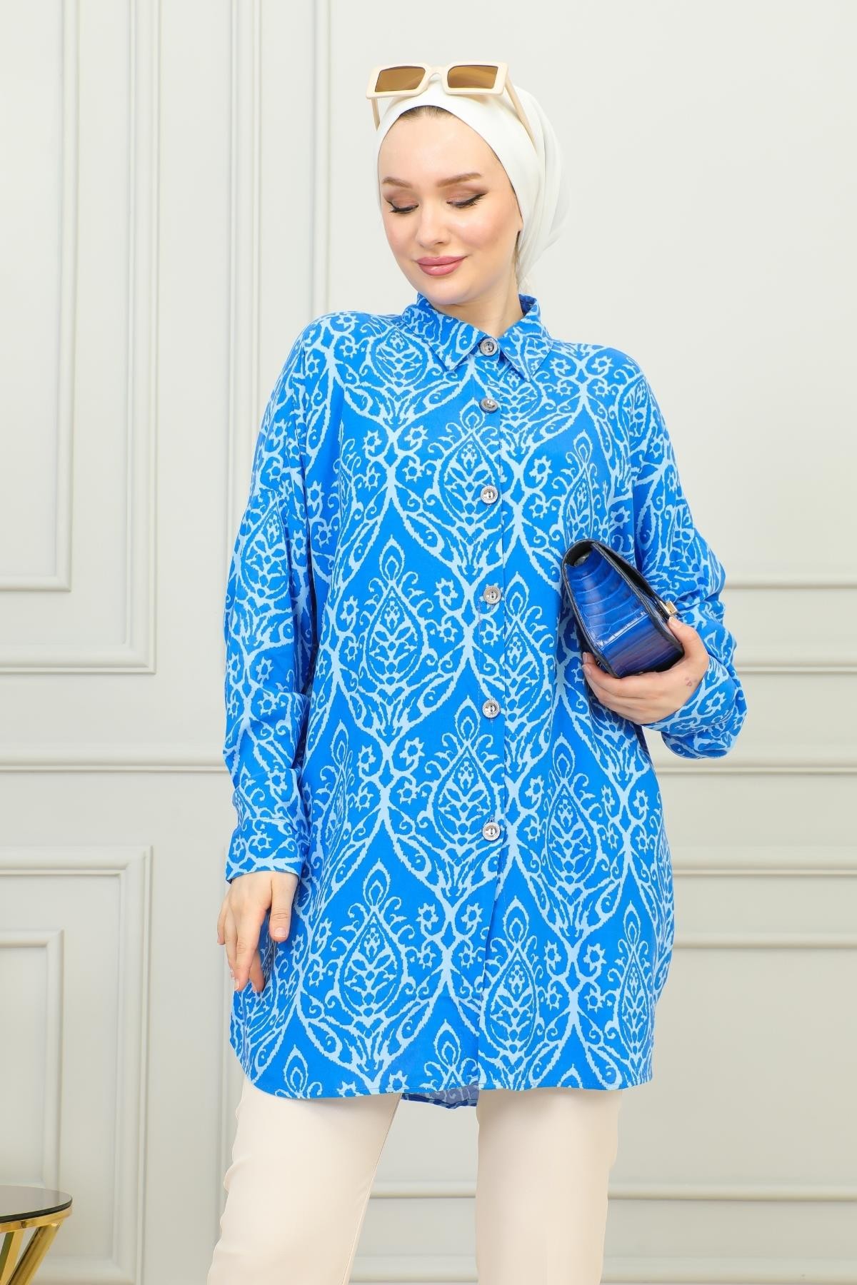 Oversize Damask Desenli  Kadın Gömlek