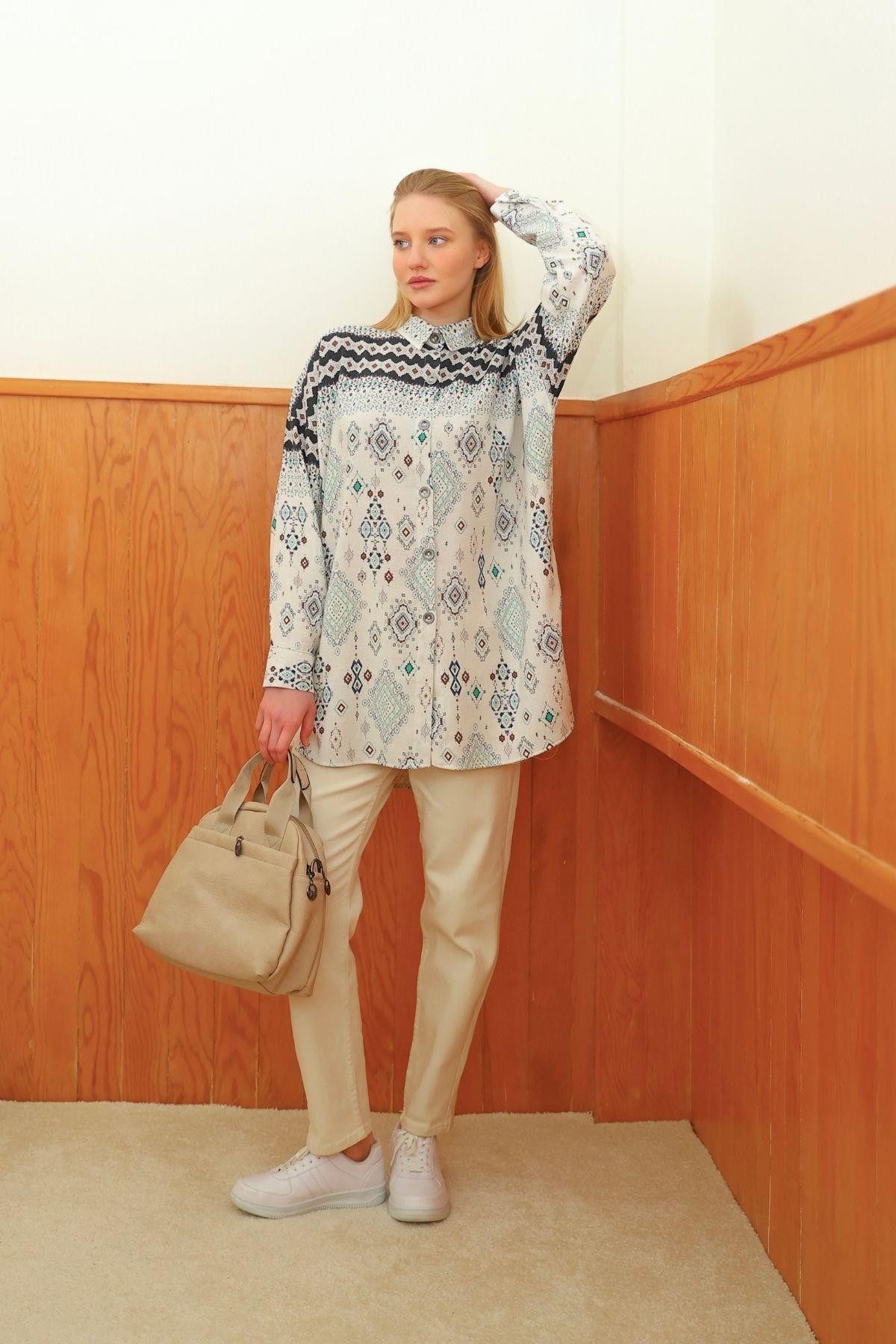 Kilim Desen Keten  Oversize Kadın Gömlek