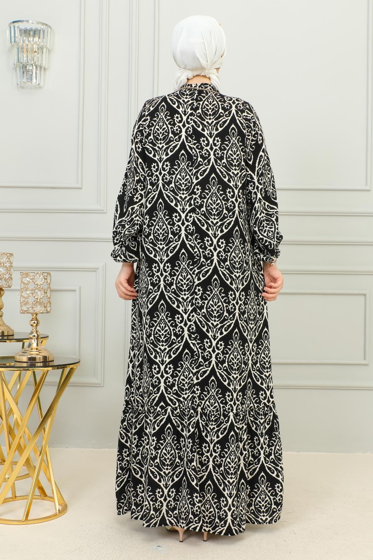 Hakim Yaka Damask Desenli Elbise